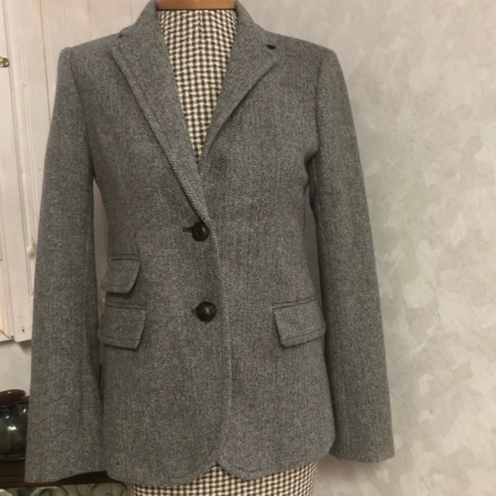J.Crew Grey Herringbone Wool Hacking Jacket Blazer